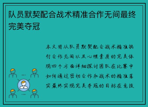 队员默契配合战术精准合作无间最终完美夺冠